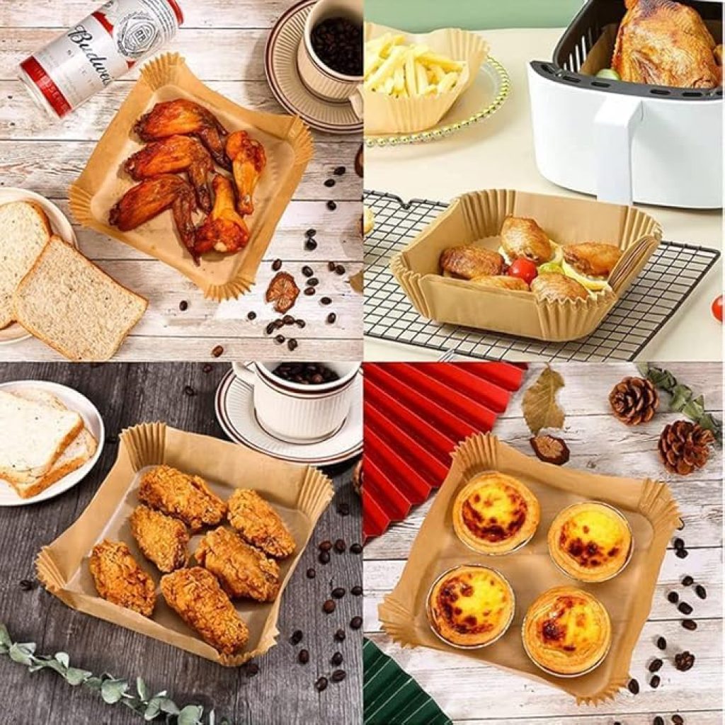 Set of 100 disposable square air fryer paper sheets by FIZZI SHOP, non-stick and heat-resistant for easy food preparation.