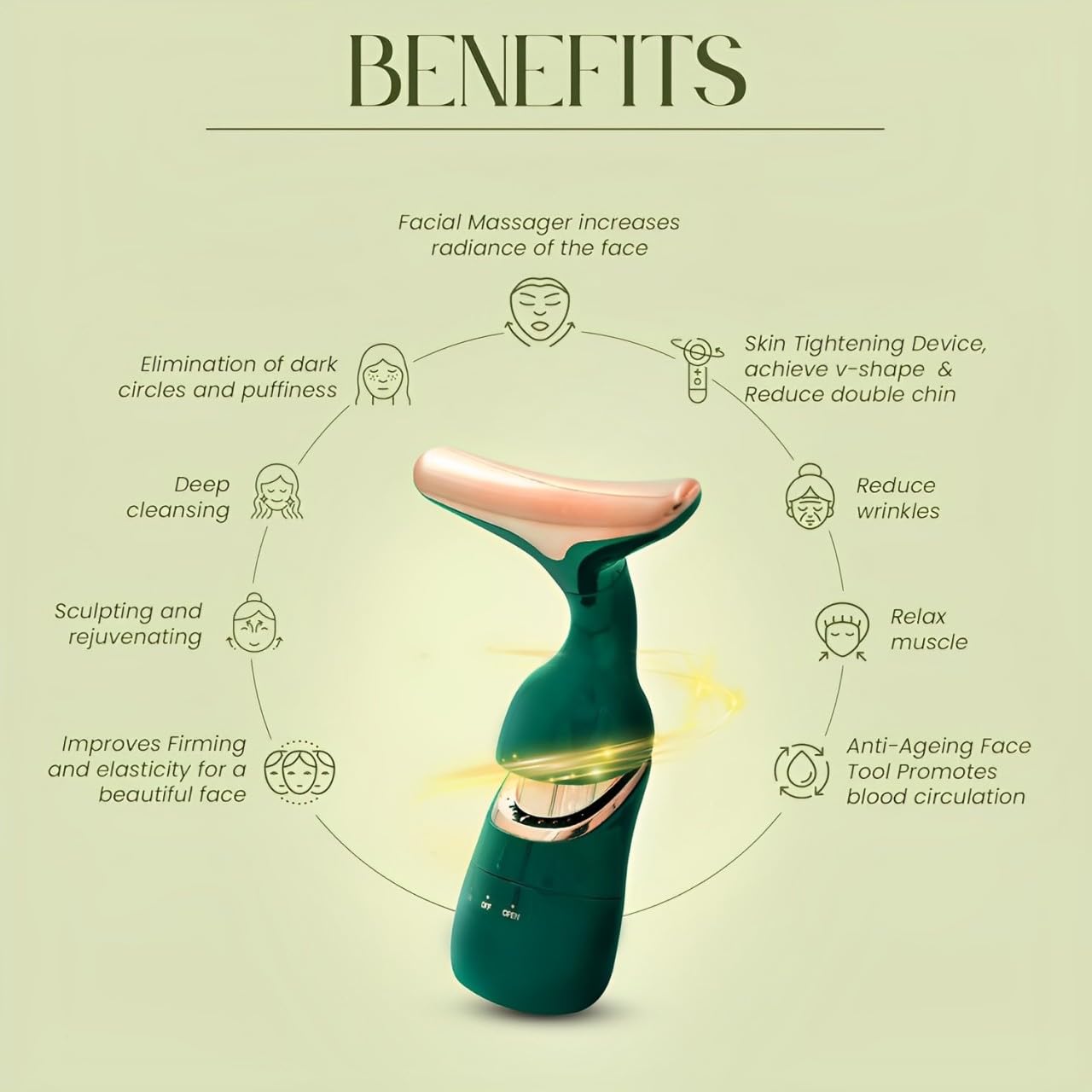 FIZZI SHOP 3-in-1 anti-wrinkles face, neck, and eye massager showing a sleek device with multiple attachment heads.