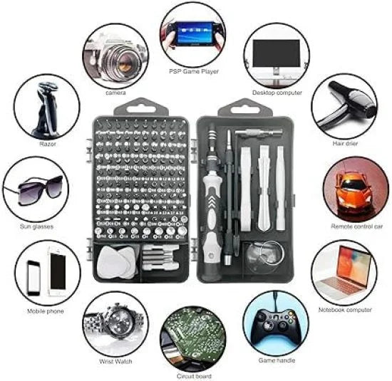 FIZZI SHOP 115-in-1 screwdriver set with assorted screwdrivers and bits displayed on a white background