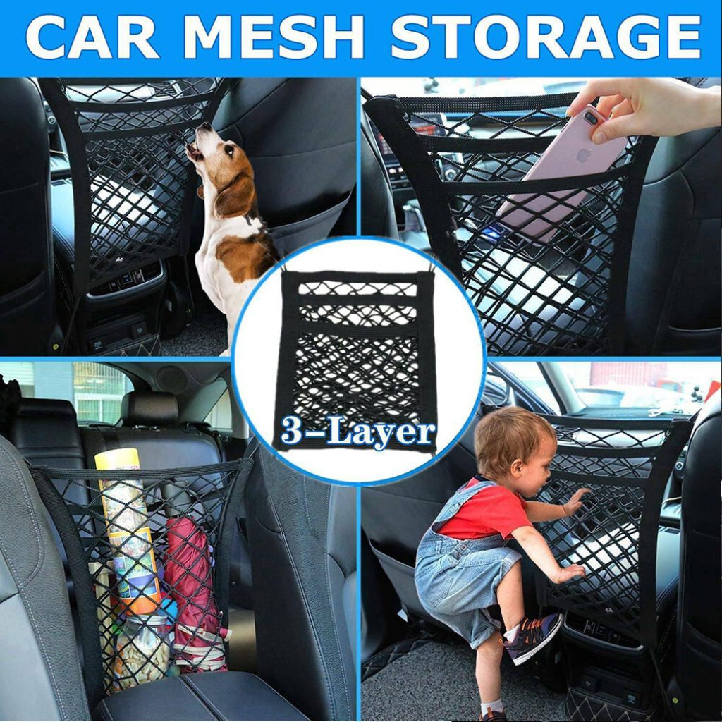 FIZZI SHOP 3-layer mesh car storage net showing multiple mesh compartments for organizing vehicle interior.