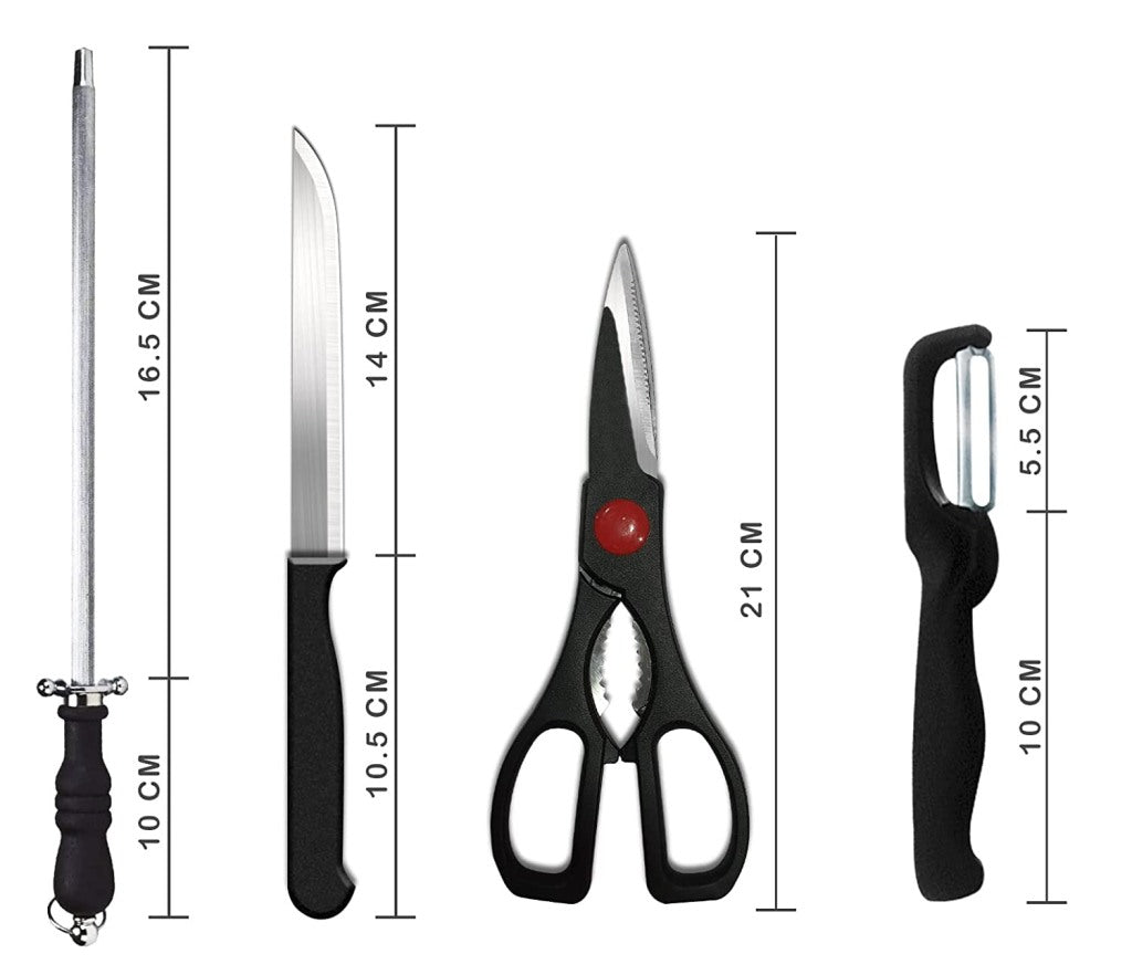 FIZZI SHOP JK SIDHU 8-piece knife set with stainless steel blades and black handles, displayed on a wooden cutting board.