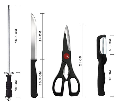 FIZZI SHOP JK SIDHU 8-piece knife set with stainless steel blades and black handles, displayed on a wooden cutting board.