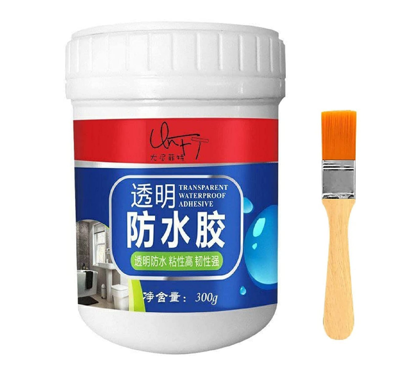 FIZZI SHOP waterproof glue with brush for strong adhesion, shown with applicator brush and glue container.