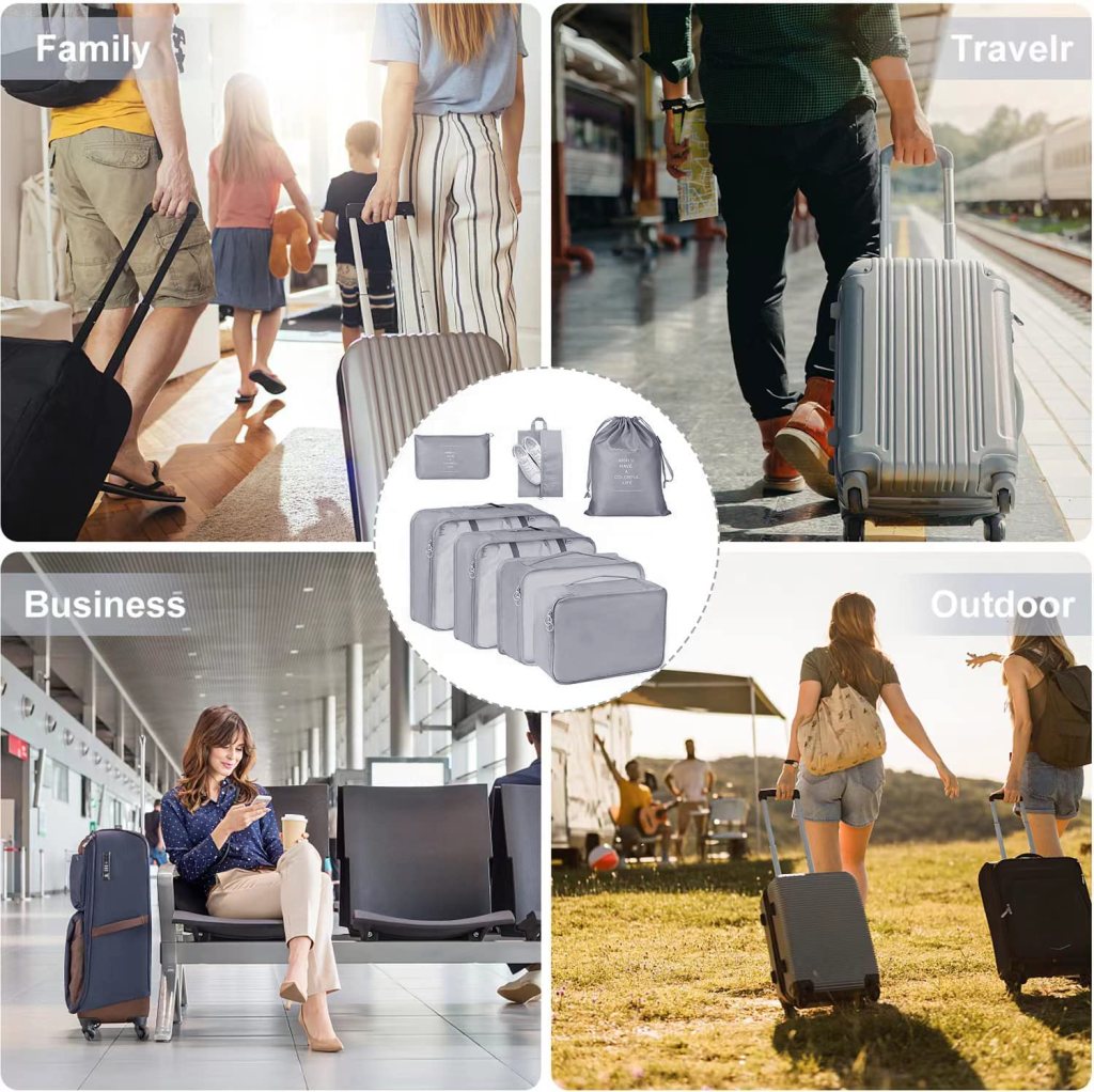 Set of 7 FIZZI SHOP travel organizer pouch bags with various sizes for toiletries, accessories, and essentials.
