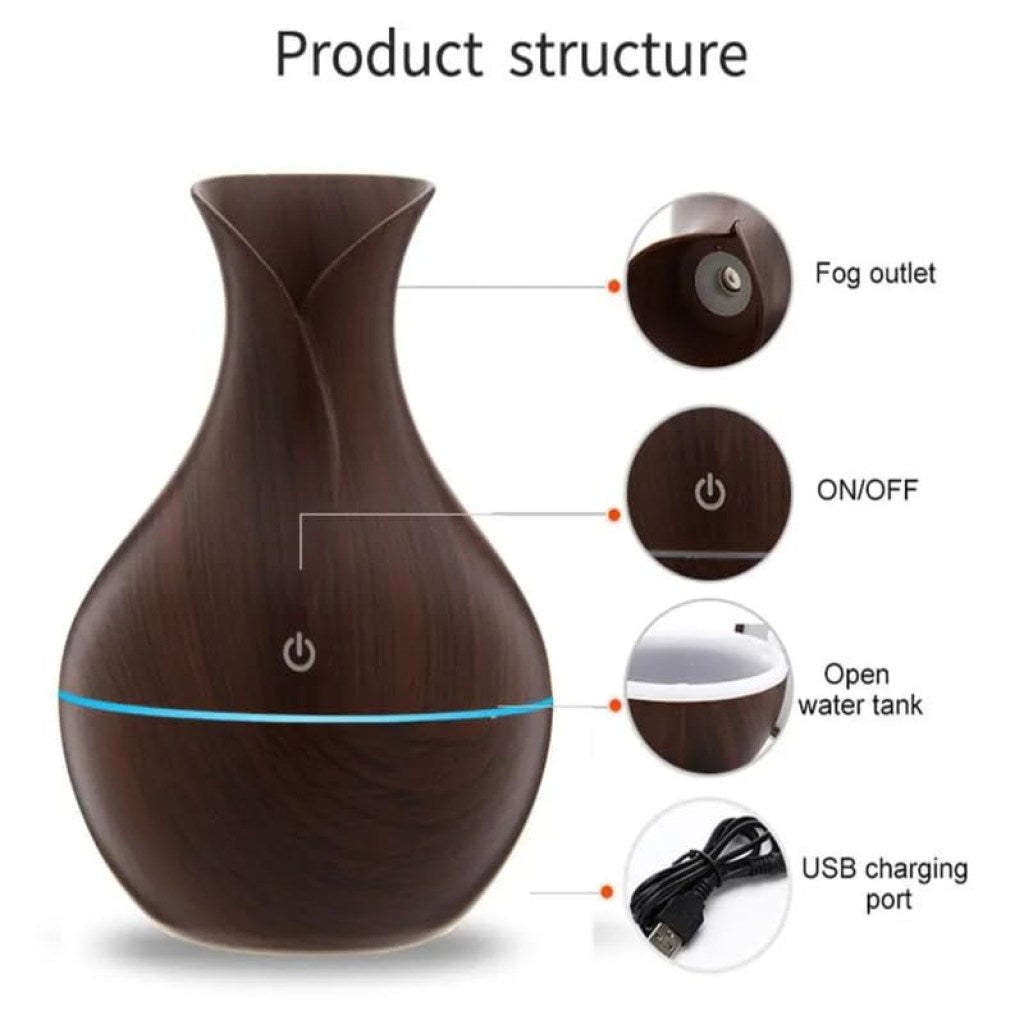 Wooden pot-shaped humidifier from FIZZI SHOP JK SIDHU, showing its rustic wooden exterior and compact design.