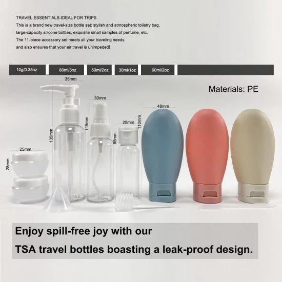 Set of 11 FIZZI SHOP travel bottles in various sizes, durable plastic containers for toiletries and liquids on the go.
