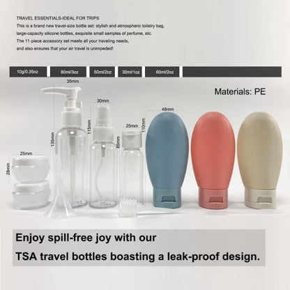 Set of 11 FIZZI SHOP travel bottles in various sizes, durable plastic containers for toiletries and liquids on the go.