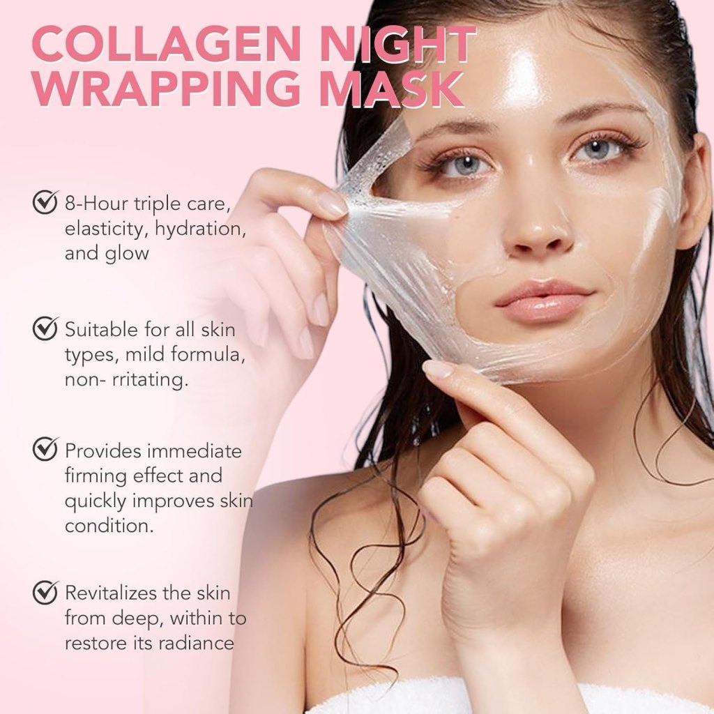 FIZZI SHOP JK SIDHU Collagen Night Wrapping Mask applied on a woman's face for skincare and anti-aging benefits.
