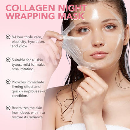 FIZZI SHOP JK SIDHU Collagen Night Wrapping Mask applied on a woman's face for skincare and anti-aging benefits.