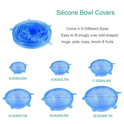 Six colorful silicone lid covers from FIZZI SHOP, reusable kitchen lids fitting various bowl and container sizes.