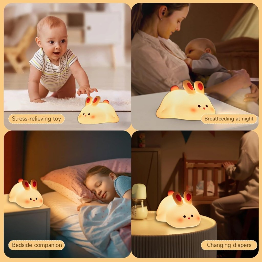 FIZZI SHOP silicone rabbit lamp emitting soft pink light, designed as a cute, modern decor piece for children's rooms or bedrooms.