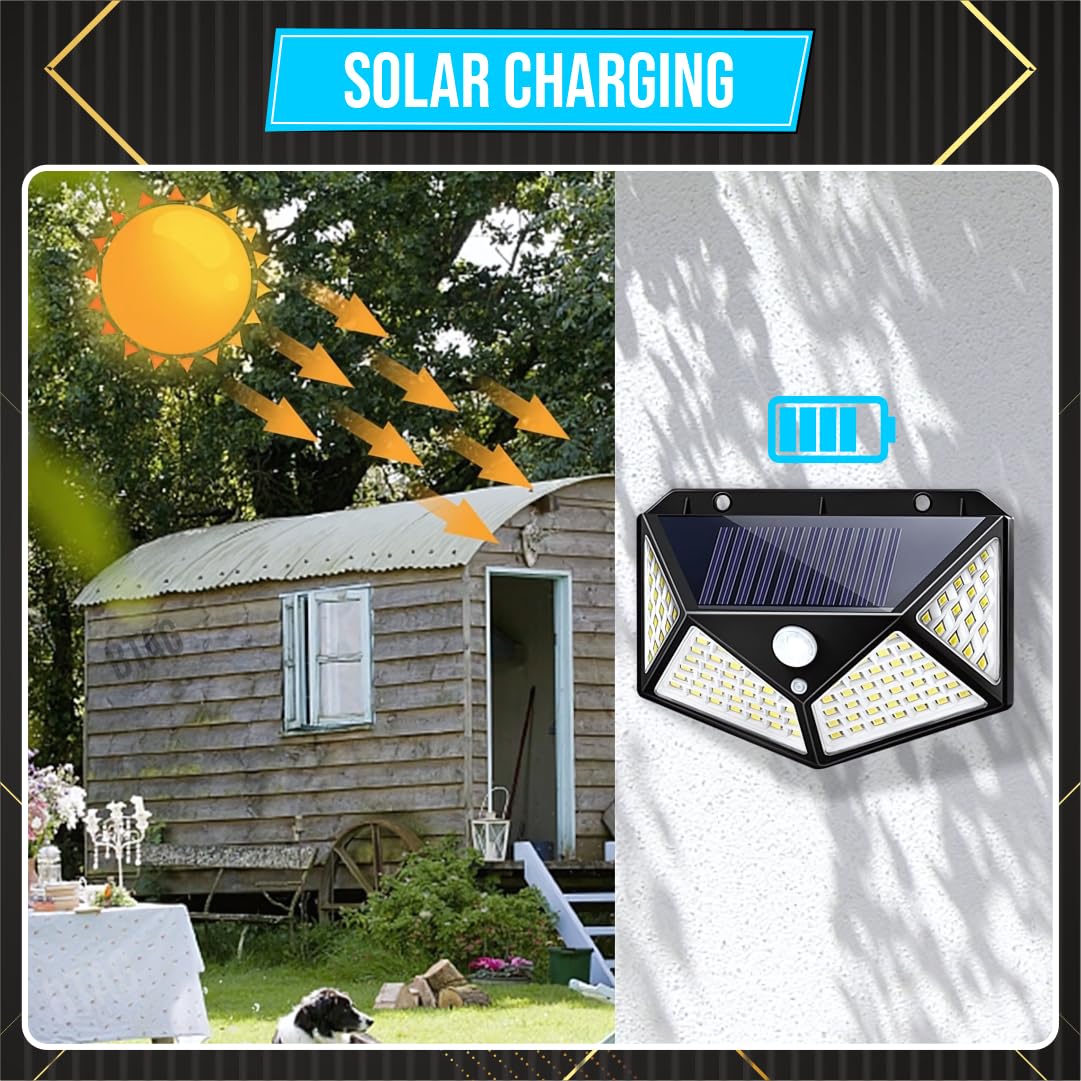 FIZZI SHOP 100 LED motion sensor solar light mounted outdoors, illuminating a garden pathway at night.