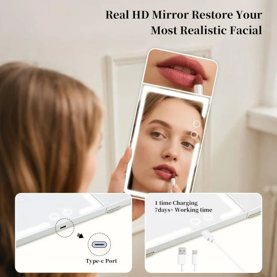 Rechargeable FIZZI SHOP vanity mirror with LED lights, compact car makeup mirror with adjustable brightness and sleek design.