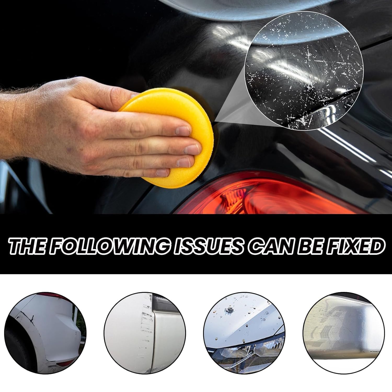 FIZZI SHOP car scratch removal wax repair paste applied to scratched vehicle surface for polishing and damage repair.
