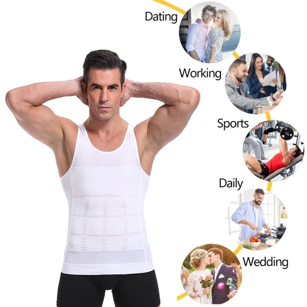 FIZZI SHOP slimming shirt for men, showing a fitted, slim design in black on a male model, emphasizing a sleek, athletic look.