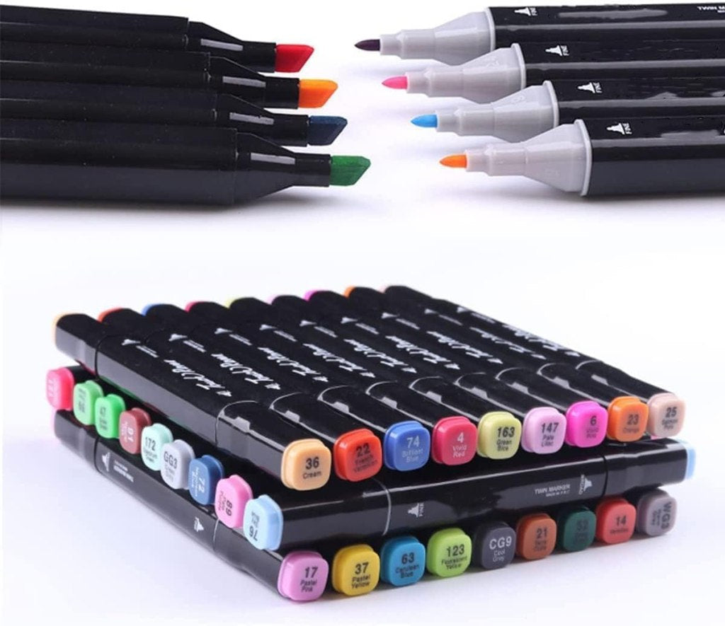 Set of 48 FIZZI SHOP JK SIDHU color markers pens with vibrant ink and fine tips for drawing and coloring.