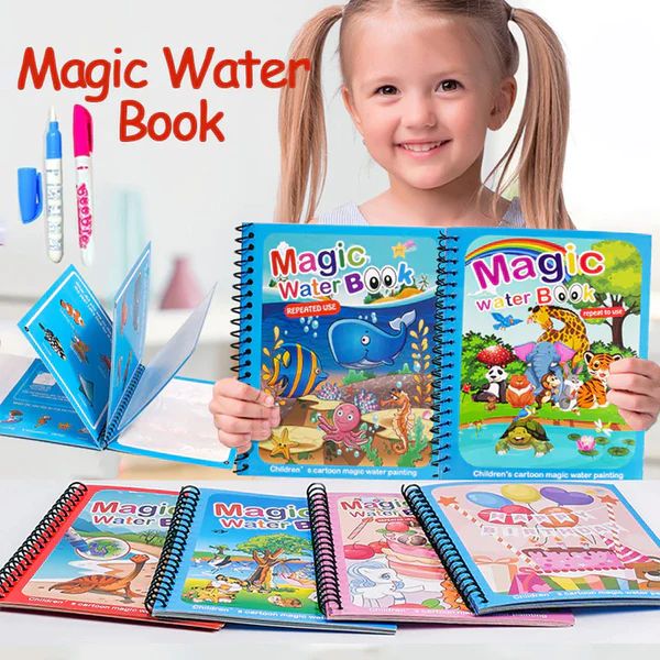 FIZZI SHOP JK SIDHU Magic Water Book with colorful illustrations and a reusable water-filled pen for kids' creative fun.
