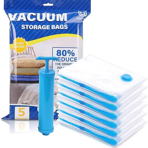 FIZZI SHOP big vacuum storage bag set with pump, five airtight bags for space-saving storage and organization.