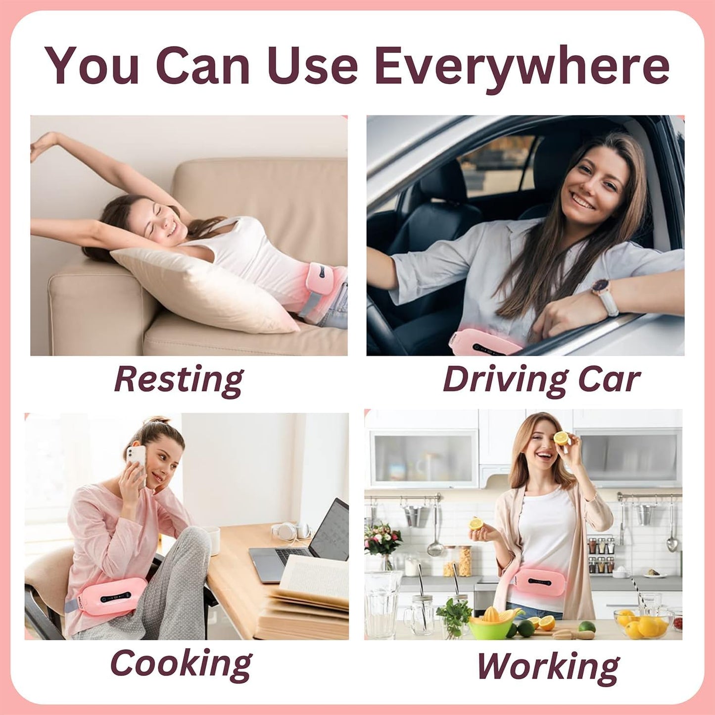FIZZI SHOP electric heating belt for period pain relief, soft fabric with adjustable straps and heating controls.