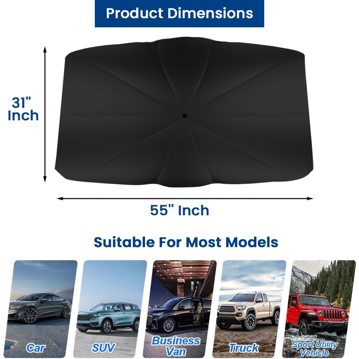 FIZZI SHOP car sun shade umbrella blocking sunlight from a vehicle window with a collapsible design.