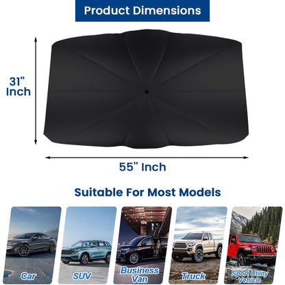 FIZZI SHOP car sun shade umbrella blocking sunlight from a vehicle window with a collapsible design.