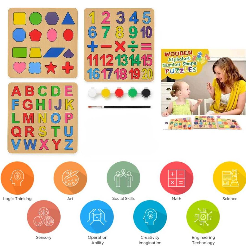 Three colorful FIZZI SHOP puzzle pieces from the 3-pack puzzle set, showcasing bright, engaging designs suitable for children.