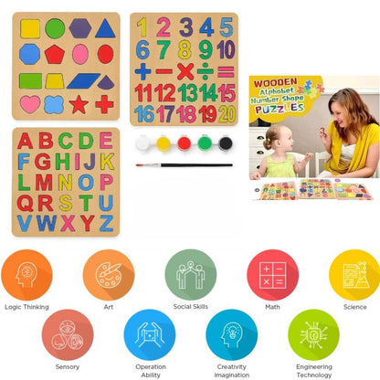 Three colorful FIZZI SHOP puzzle pieces from the 3-pack puzzle set, showcasing bright, engaging designs suitable for children.
