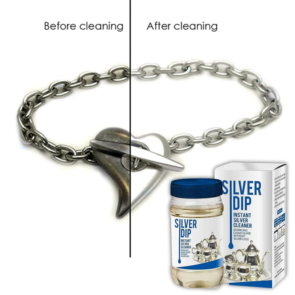 Silver dip cleaner liquid by FIZZI SHOP shown in a clear bottle with a silver cleaning solution for jewelry and silverware.