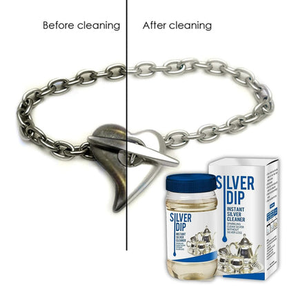 Silver dip cleaner liquid by FIZZI SHOP shown in a clear bottle with a silver cleaning solution for jewelry and silverware.
