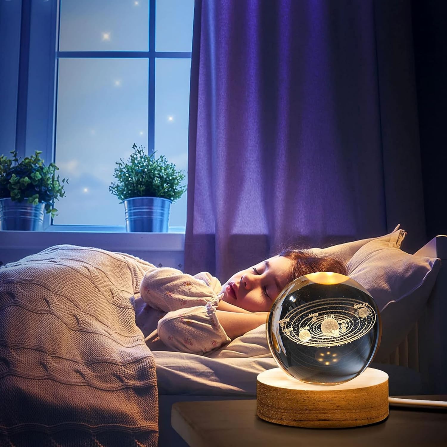 FIZZI SHOP 3D Crystal Ball Night Lamp with intricate design, glowing softly to create a cozy ambient light.