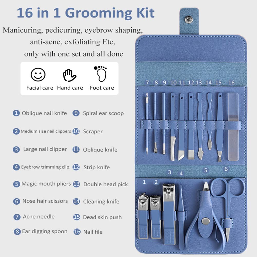16-inch FIZZI SHOP manicure set with nail cutters, scissors, and tools arranged in a compact storage case for personal grooming.