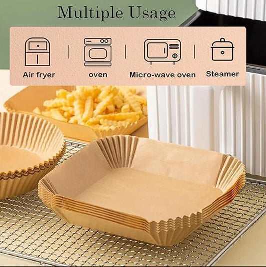100 pcs FIZZI SHOP disposable square air fryer paper sheets laid out in a stack, designed for easy use in air fryer baskets.