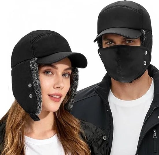 FIZZI SHOP winter woolen cap with face mask, warm and cozy for cold weather, shown in black with knit texture and face covering