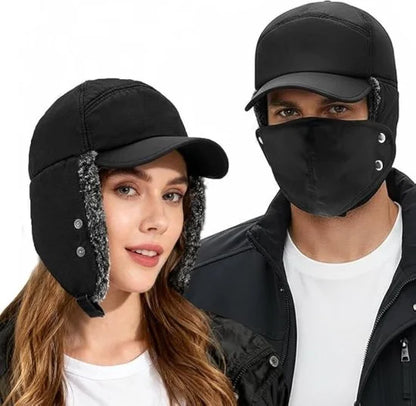FIZZI SHOP winter woolen cap with face mask, warm and cozy for cold weather, shown in black with knit texture and face covering