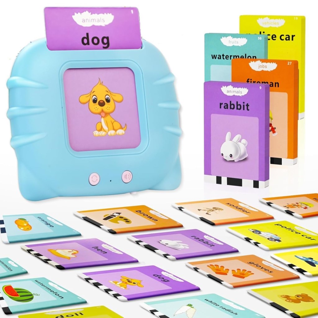 English Talking Flash Cards by FIZZI SHOP showing colorful educational cards with words and images for learning vocabulary.