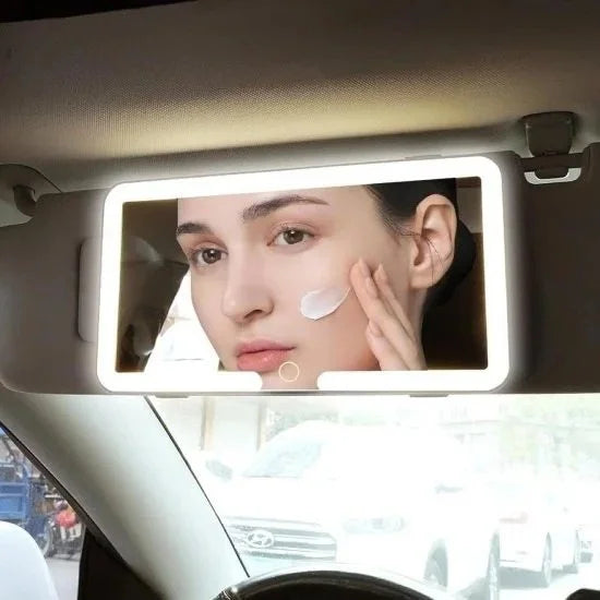 Rechargeable FIZZI SHOP vanity mirror with LED lights, compact car makeup mirror with adjustable brightness and reflective surface.