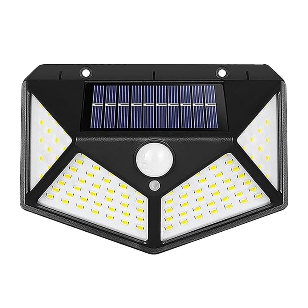 FIZZI SHOP 100 LED motion sensor solar light mounted outdoors, illuminating the area with bright, energy-efficient lighting.