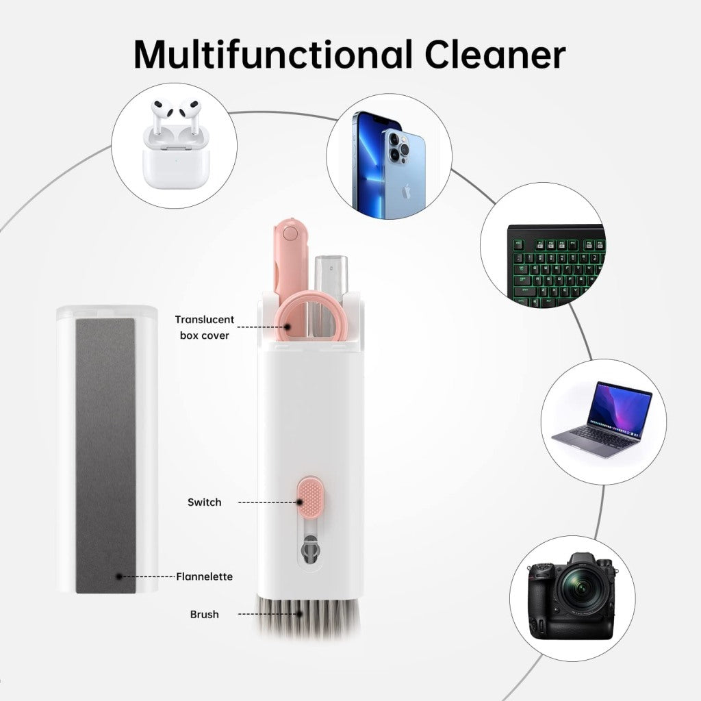 FIZZI SHOP JK SIDHU 7-in-1 keyboard cleaning brush with multiple tools for dust removal and cleaning electronic devices.