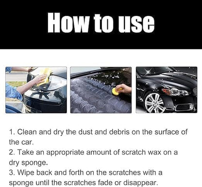 FIZZI SHOP car scratch removal wax repair paste showing a smear of the product on a car surface with a clean, shiny finish