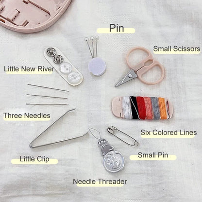 Mini travel sewing kit by FIZZI SHOP JK SIDHU with sewing needles, thread, buttons, and small accessories in a compact case.