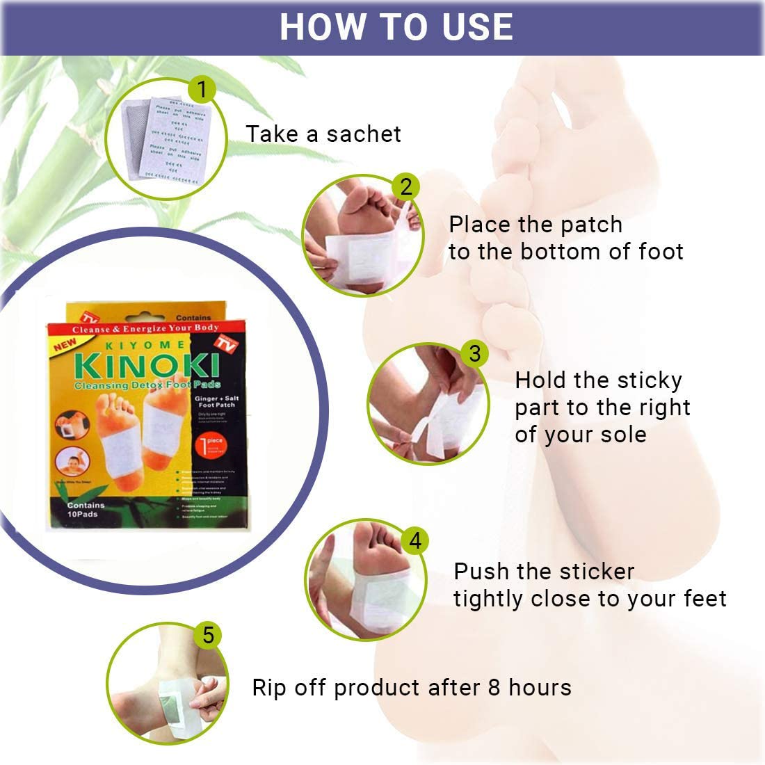 FIZZI SHOP Kinoki Detox Foot Pad applied to the sole of a foot, showcasing its adhesive surface for detoxification and relaxation.