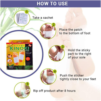 FIZZI SHOP Kinoki Detox Foot Pad applied to the sole of a foot, showcasing its adhesive surface for detoxification and relaxation.