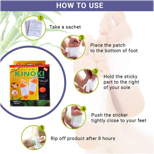 FIZZI SHOP Kinoki Detox Foot Pad applied to the sole of a foot, showcasing its adhesive surface for detoxification and relaxation.