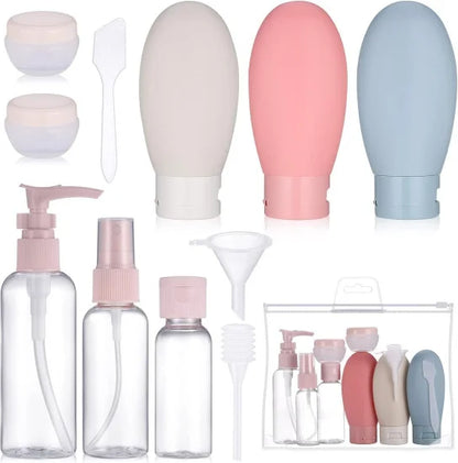 Set of 11 travel bottles from FIZZI SHOP, including small containers and spray bottles for toiletries and liquids.