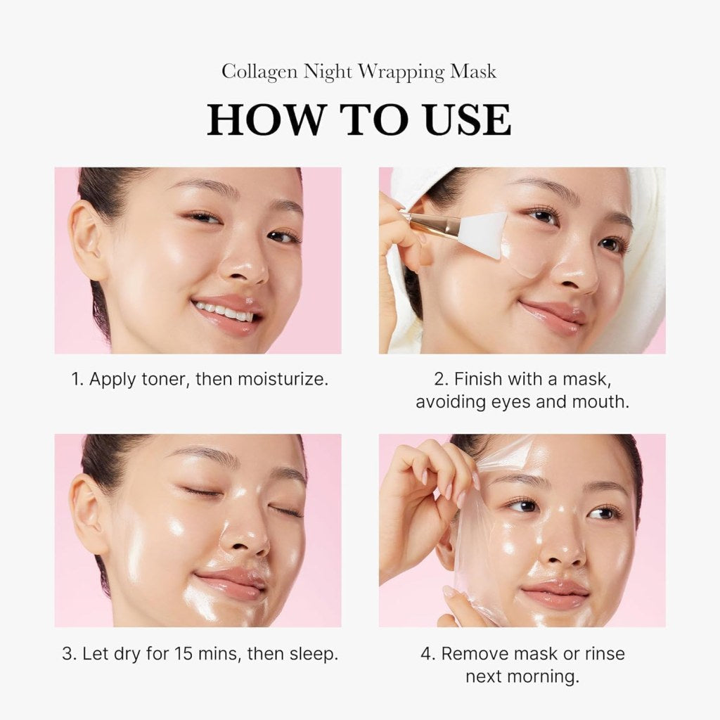 FIZZI SHOP JK SIDHU Collagen Night Wrapping Mask applied on a person's face, showcasing its soothing skincare treatment.