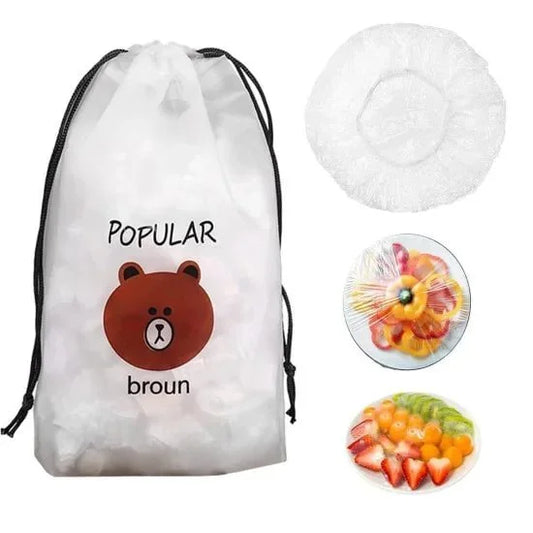 Set of 100 plastic food cover bags from FIZZI SHOP, lightweight and transparent for keeping food fresh and protected.