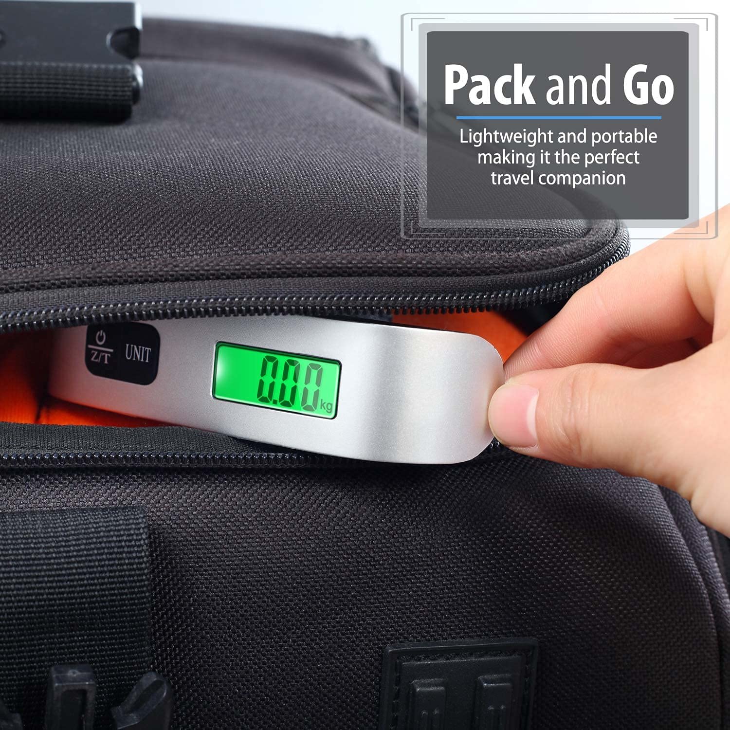 FIZZI SHOP metal luggage weight scale showing a digital display and a strap for weighing travel bags.