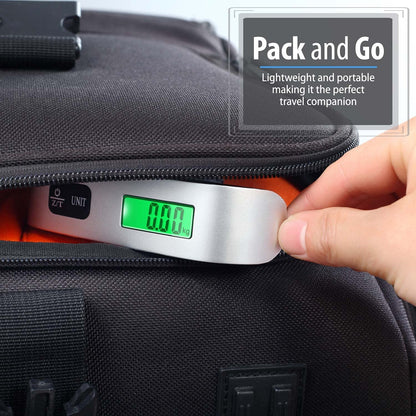 FIZZI SHOP metal luggage weight scale showing a digital display and a strap for weighing travel bags.