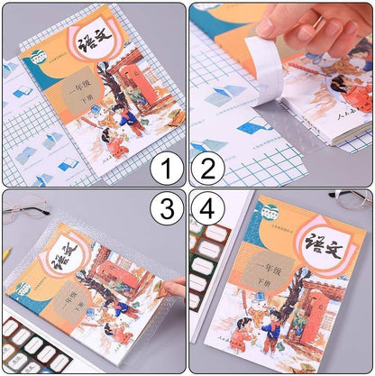 Set of 30 waterproof plastic book covers in assorted sizes, ideal for protecting textbooks and notebooks.