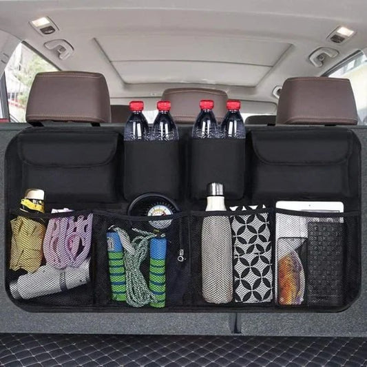 FIZZI SHOP JK SIDHU car backseat trunk organizer with multiple compartments and adjustable straps for vehicle storage.